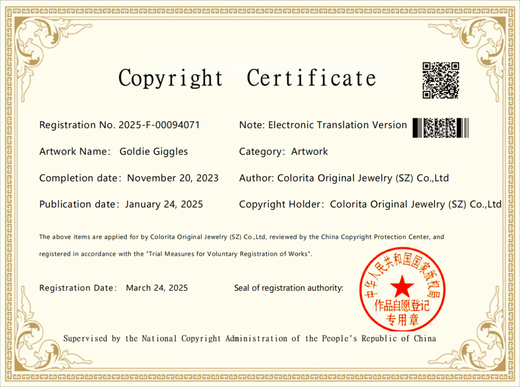 Goldie Giggles enamel jewelry Copyright Certification