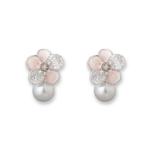 Zircon Pearls Inlaid Flower Earrings Silver Jewelry